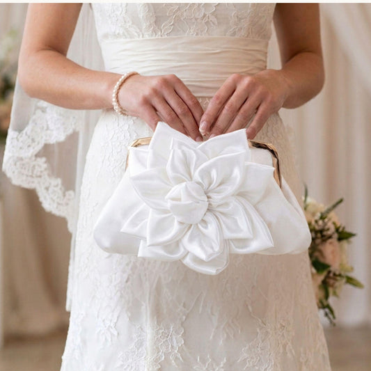 White Satin Bridal Flower Clutch
