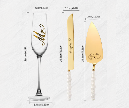 Wedding cutlery set with champagne flute, knife, and cake server, featuring 'Mr' and 'Mrs' inscriptions, with measurements displayed.