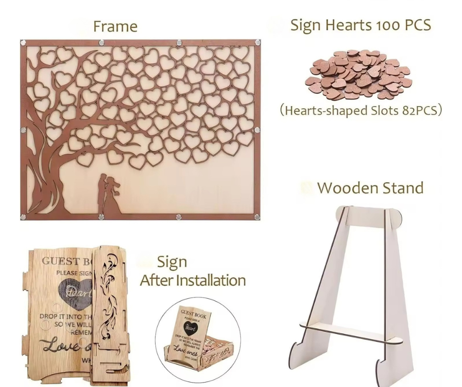 Wedding guest book with heart design, wooden stand, and heart-shaped slots on a white background.