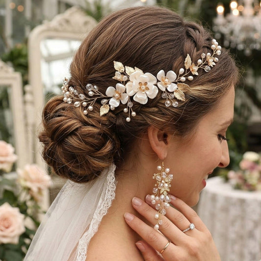 Gold Leaf Ivory Blossom Bridal Hair Vine