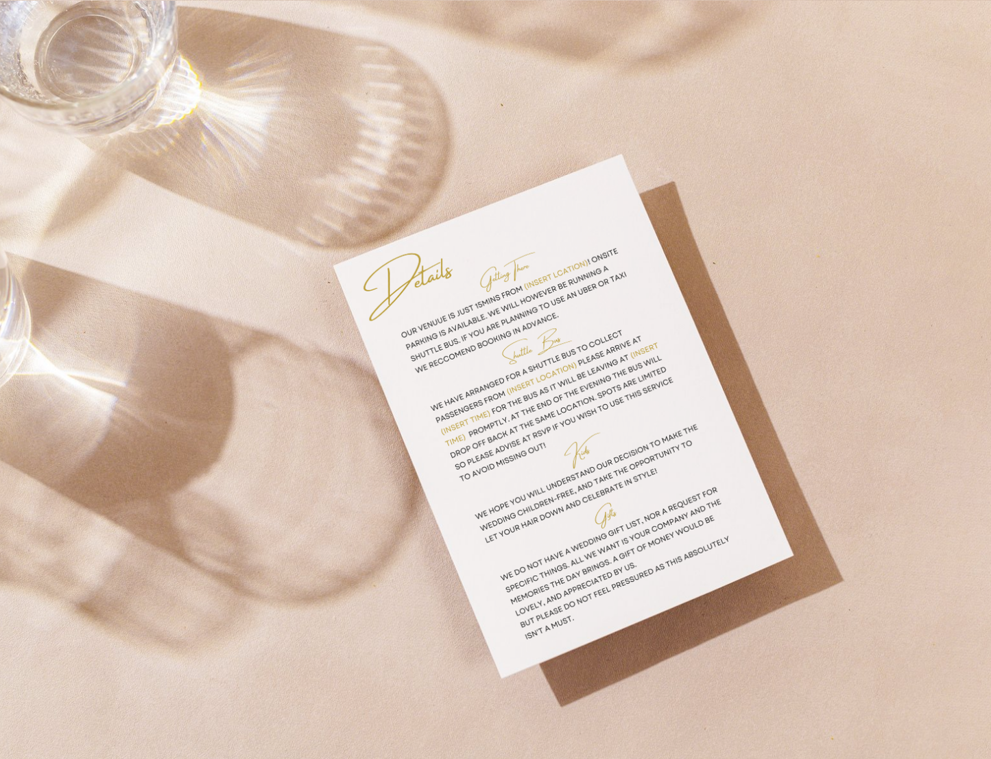 Custom Wedding invitation card with gold text