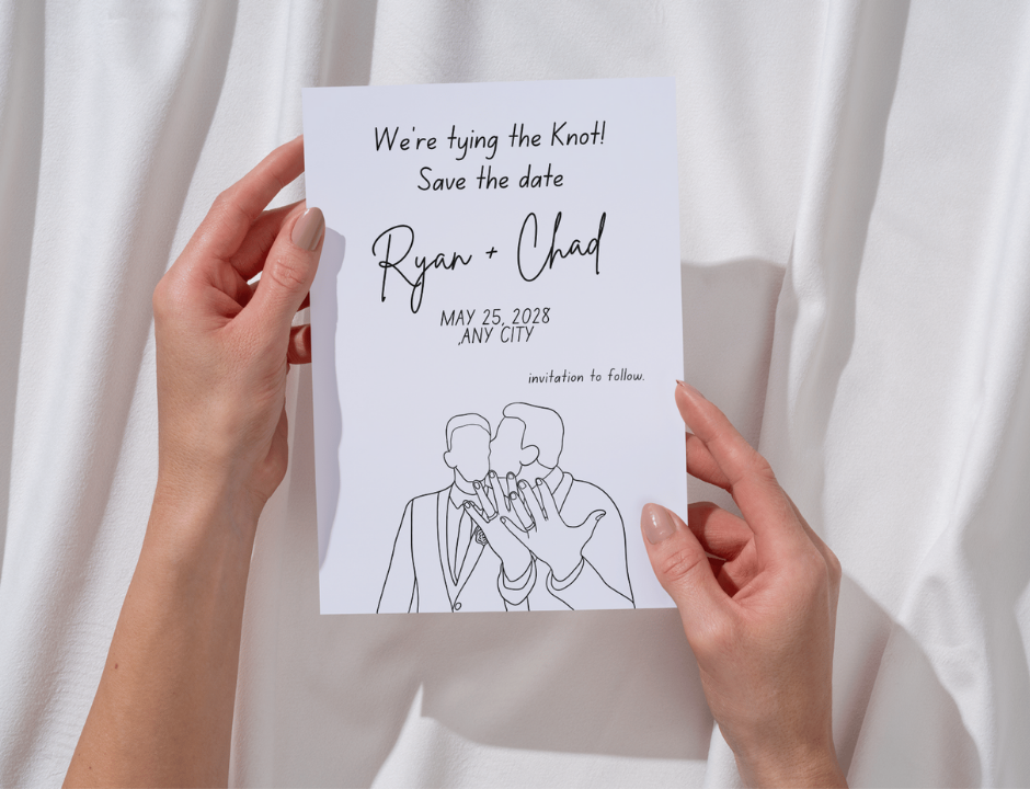 Hands holding a wedding save the date card with a line drawing of two men and text.