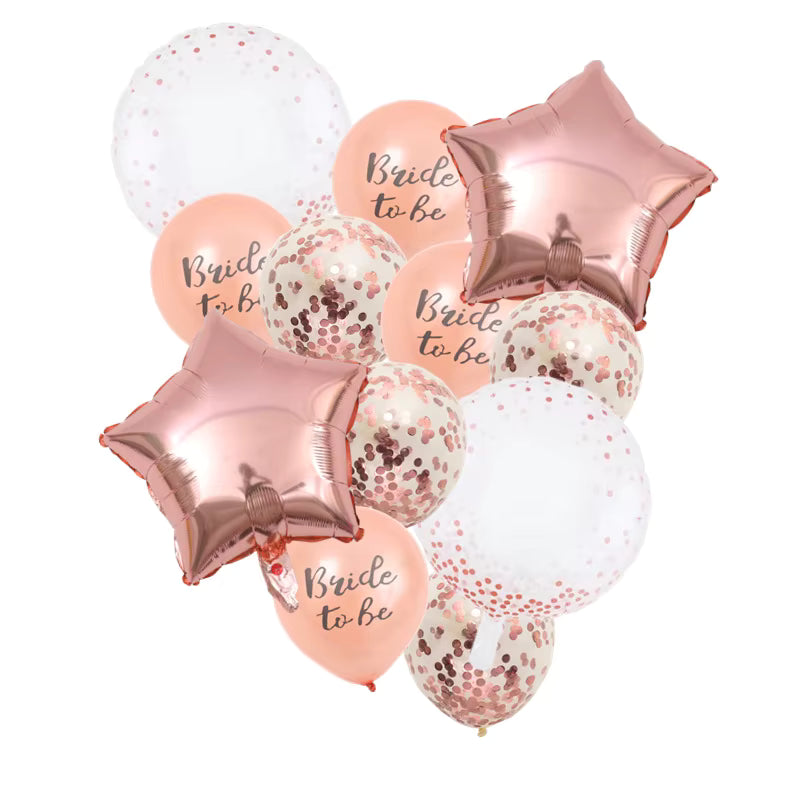 Balloon bouquet with 'Bride to be' text on a white background