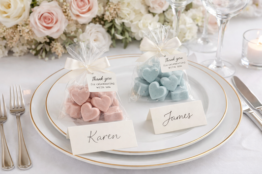 Table setting with pink and blue heart-shaped soaps in gift bags on a white plate.