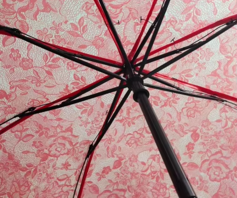 Close-up of an umbrella with red and black ribs on a red floral background