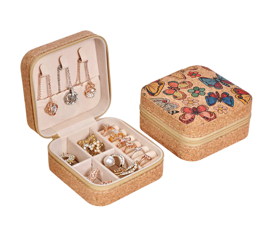 Cork Jewellery box with jewellery inside and a decorative lid on a white background