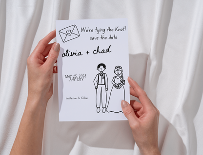 Hand holding a 'We're tying the knot! save the date' card with a couple illustration against a white curtain background.