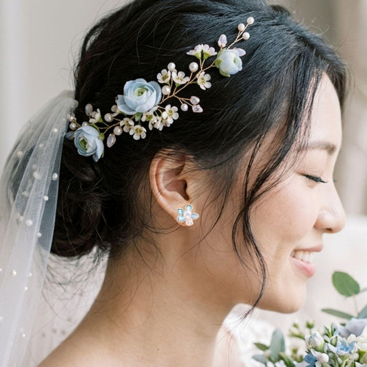 Blue Flower Pearl Stud Earrings