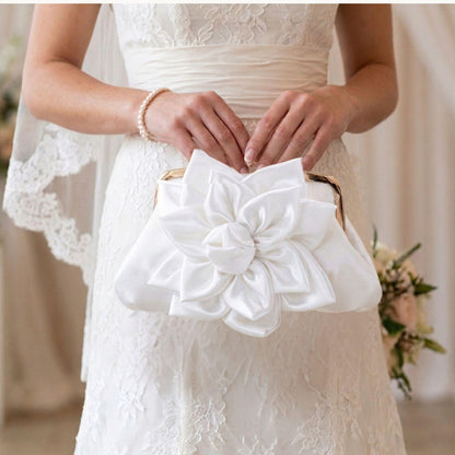 White Satin Bridal Flower Clutch