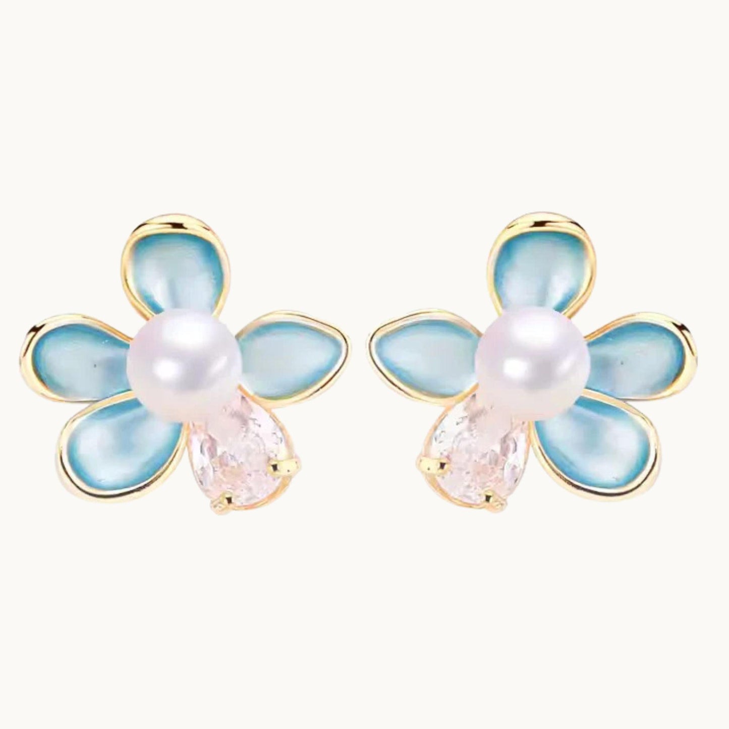 Blue Flower Pearl Stud Earrings
