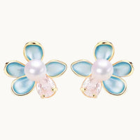 Blue Flower Pearl Stud Earrings