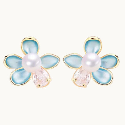 Blue Flower Pearl Stud Earrings