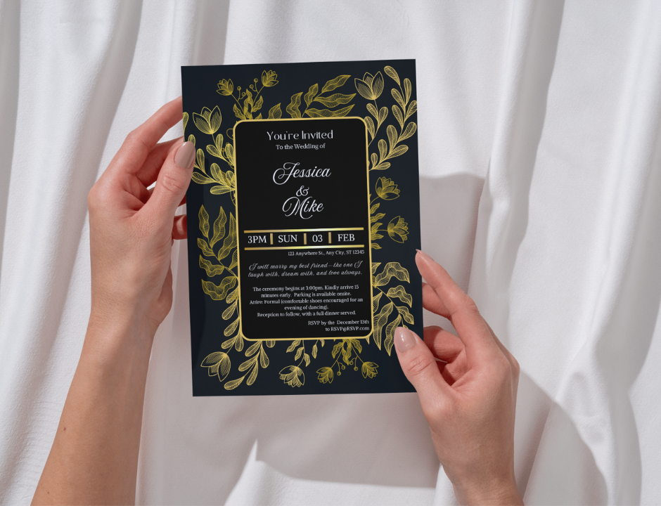 Hand holding a wedding invitation card with gold floral design on a white background