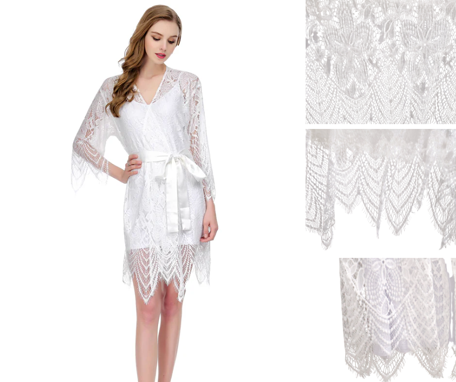 White lace robe with close-up details on Bridal Lace Robe, Bride Robe