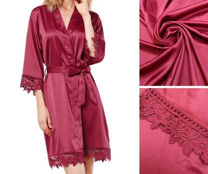 Red satin robe with lace trim close up details, bride robe, bridesmaid robe