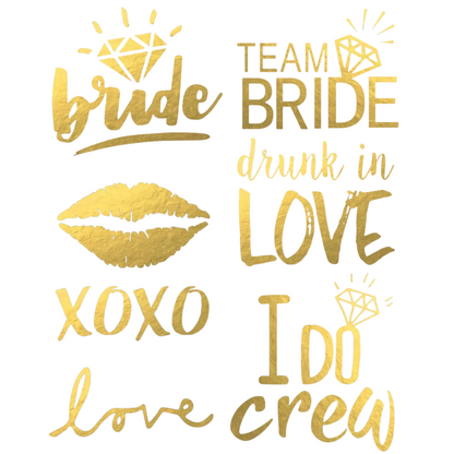 Metallic Gold Bridal party tattoos and symbols on a white background, including 'Team Bride', 'drunk in love', 'XOXO', 'I DO crew'.