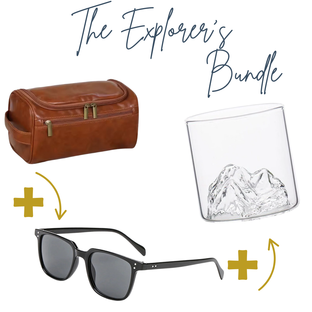 The Explorer’s Bundle – Toiletry Bag + Whiskey Glass + Sunnies