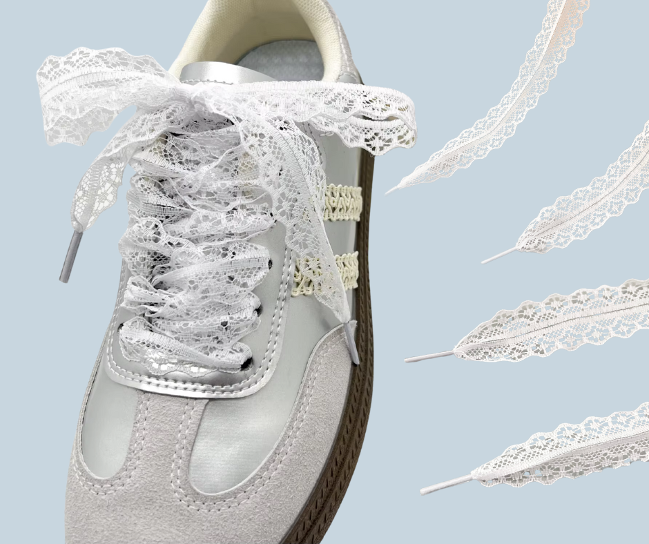 White sneaker with lace shoelaces on a light blue background