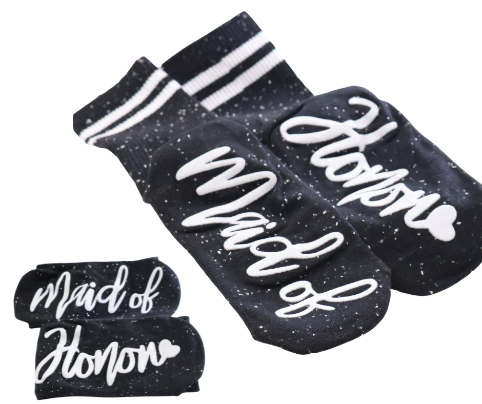 Black crew socks with white text and stripes, featuring 'Maid of Honor' on a white background.