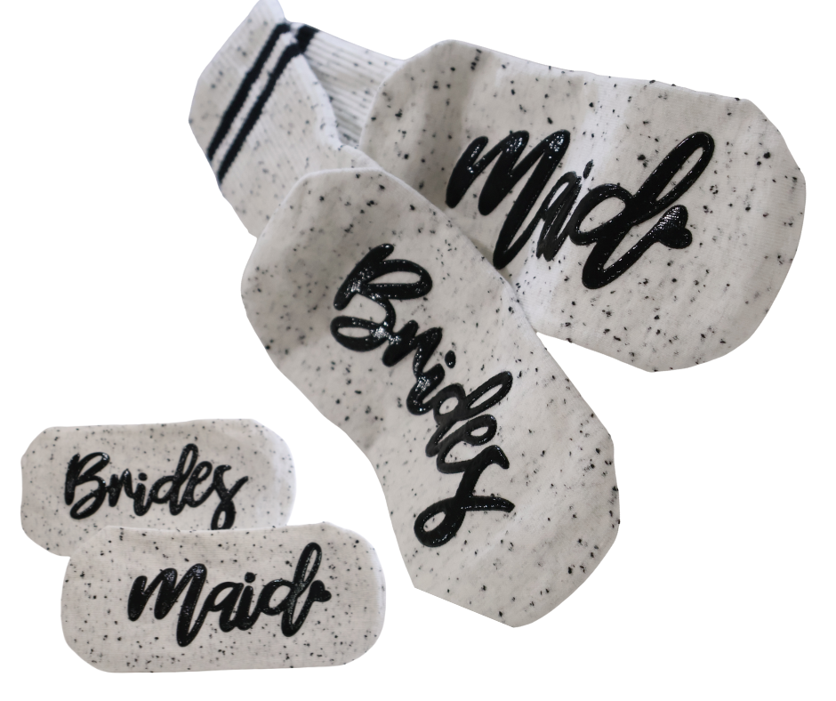 Speckled non slip socks with 'Bridesmaid' text on a white background