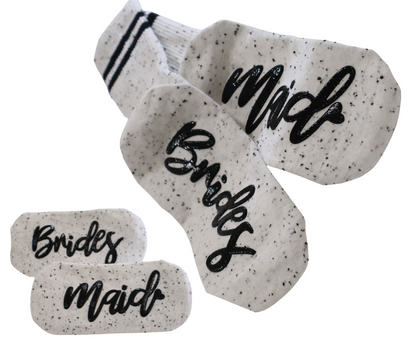 Speckled non slip socks with 'Bridesmaid' text on a white background