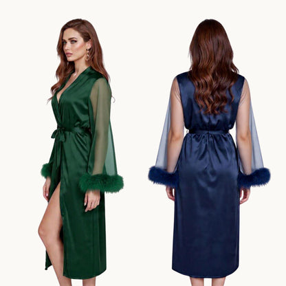 Feather Sleeve Bridesmaid Robe – Luxury Satin Getting Ready Outfit