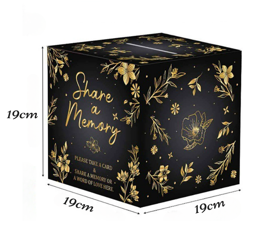 Black box with gold floral designs and 'Share a Memory' text, dimensions indicated.