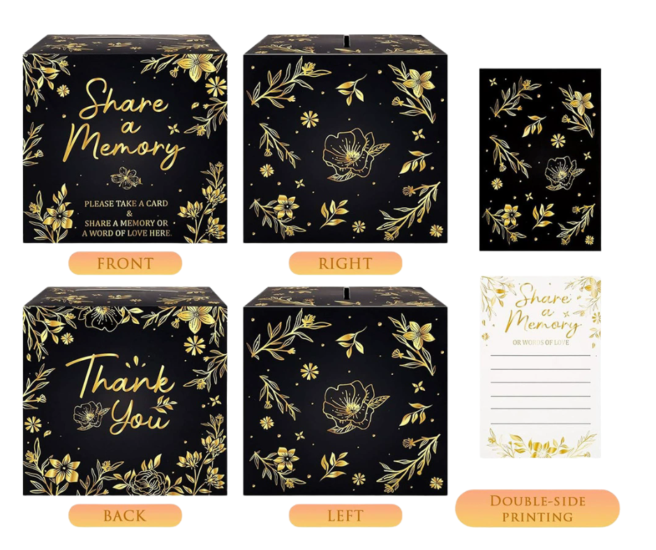 Black and gold memory box with floral designs and printed cards on a white background