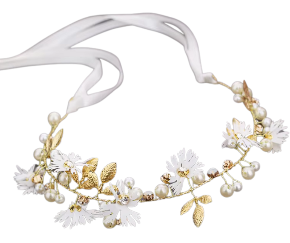 Floral hair vine with white flowers and gold leaves on a white background
