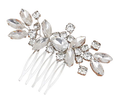 Rhinestone hair comb with clear crystals on a white background
