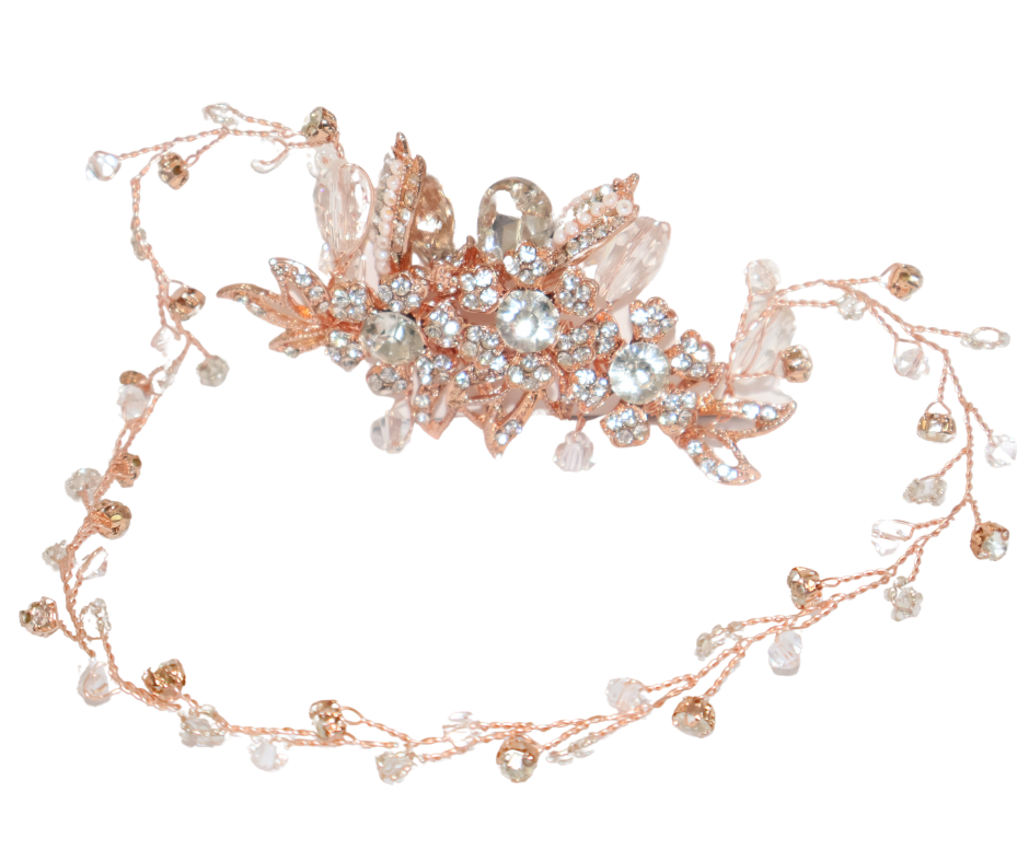 Rose gold and pearl headpiece on a white background