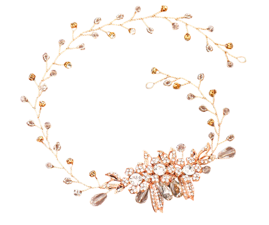 Rose gold floral headpiece with crystals on a white background