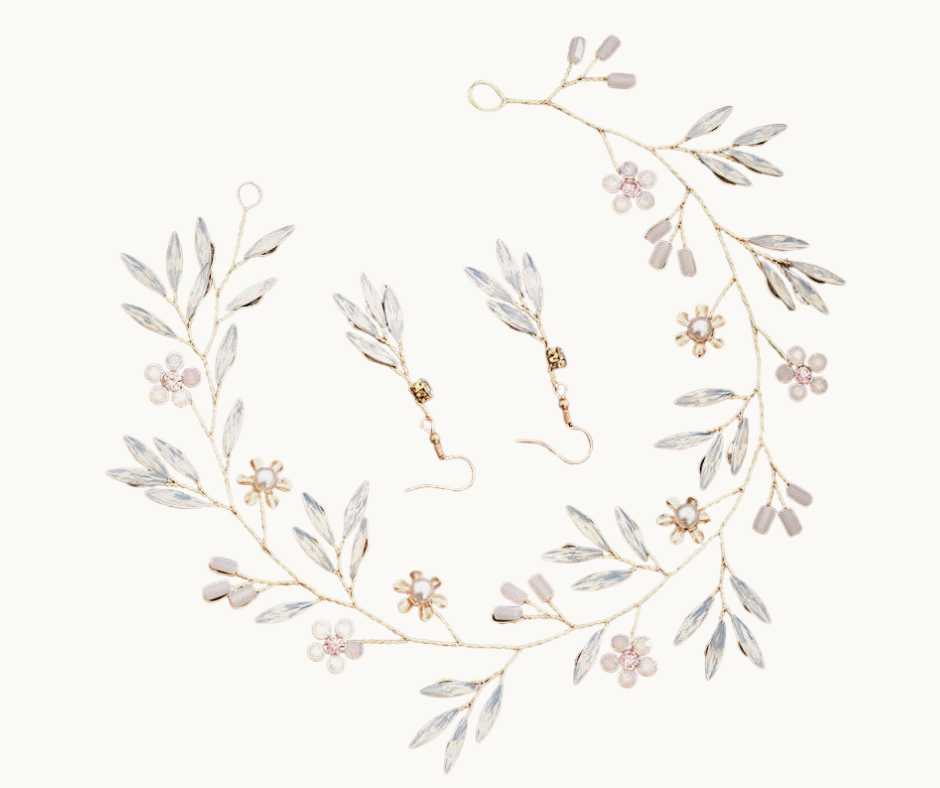 Floral headpiece with leaves and small flowers on a white background