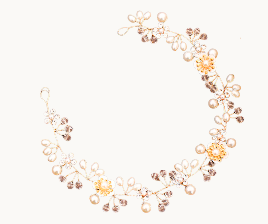Delicate gold and pearl hair vine on a white background