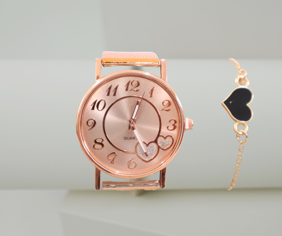 Rose gold watch and bracelet set on a light background