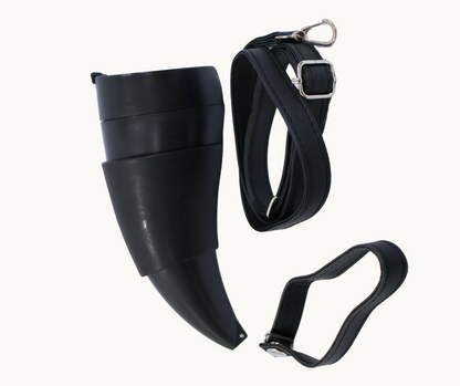 Black Viking inspired horn travel mug with a black strap on a white background