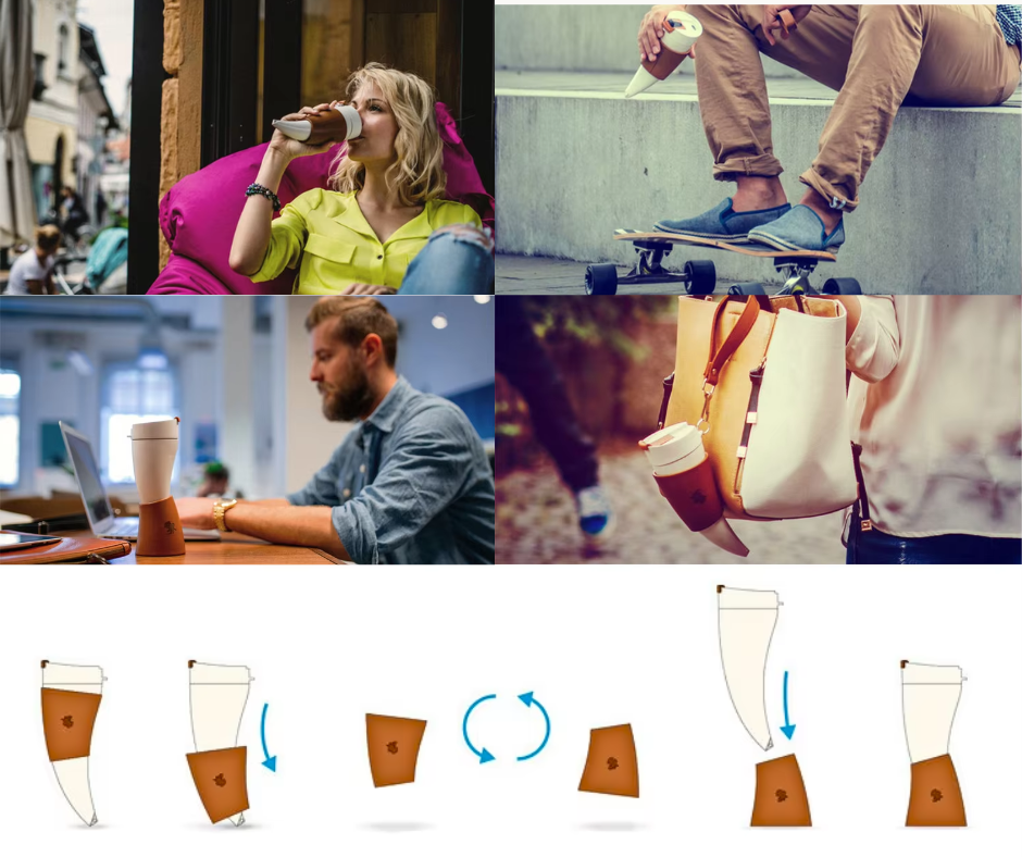 Collage of people using horn mug, with close-ups of the item and its use.