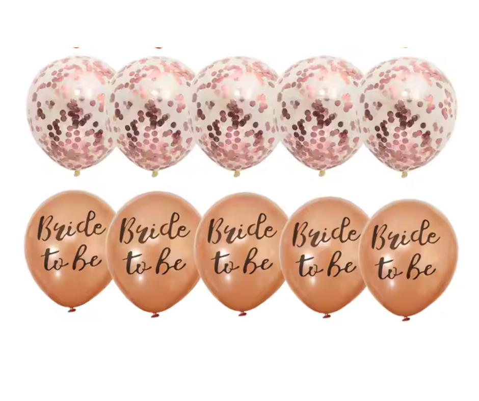 Set of balloons with 'Bride to be' text and confetti on a white background