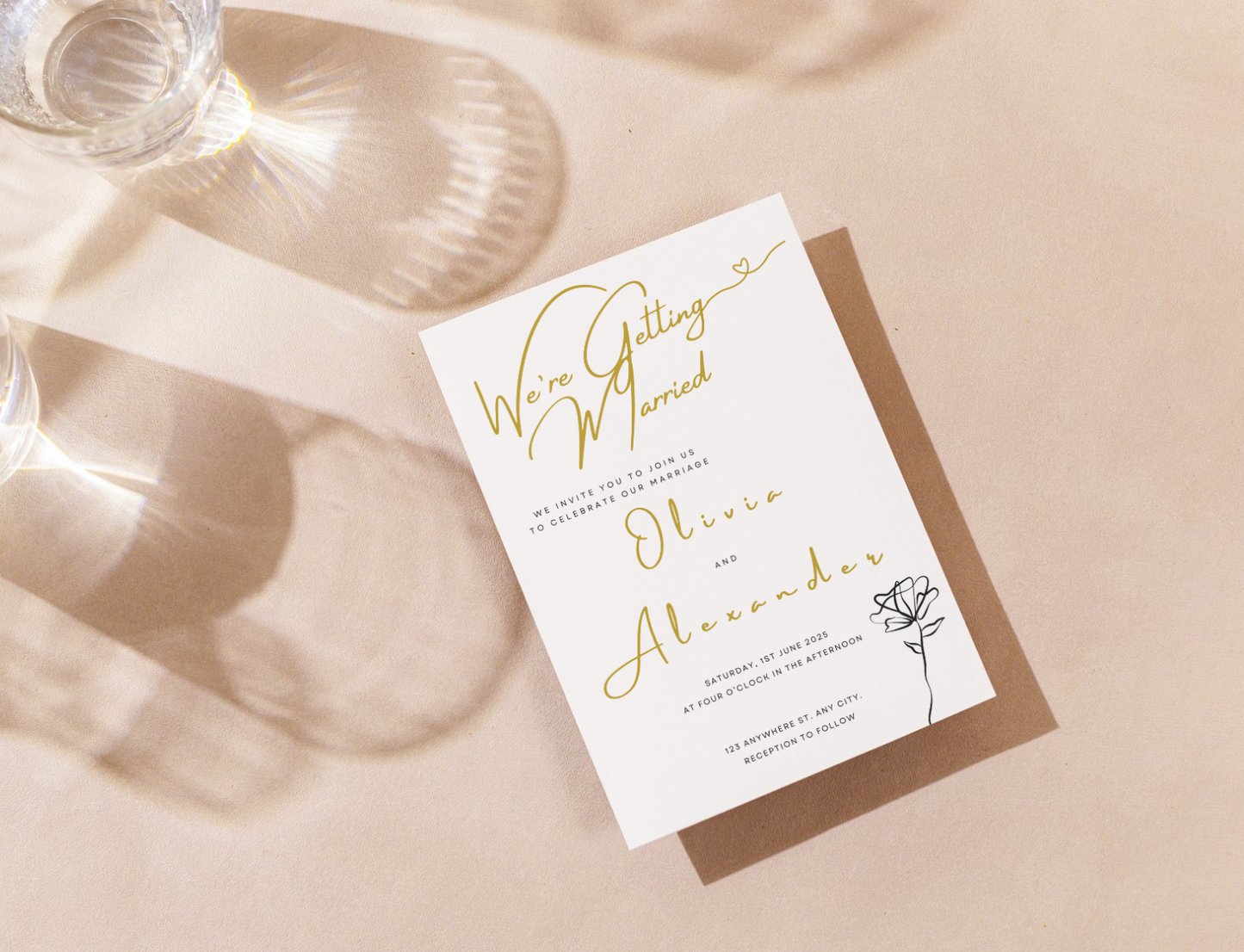 Editable Wedding invitation card with gold text 