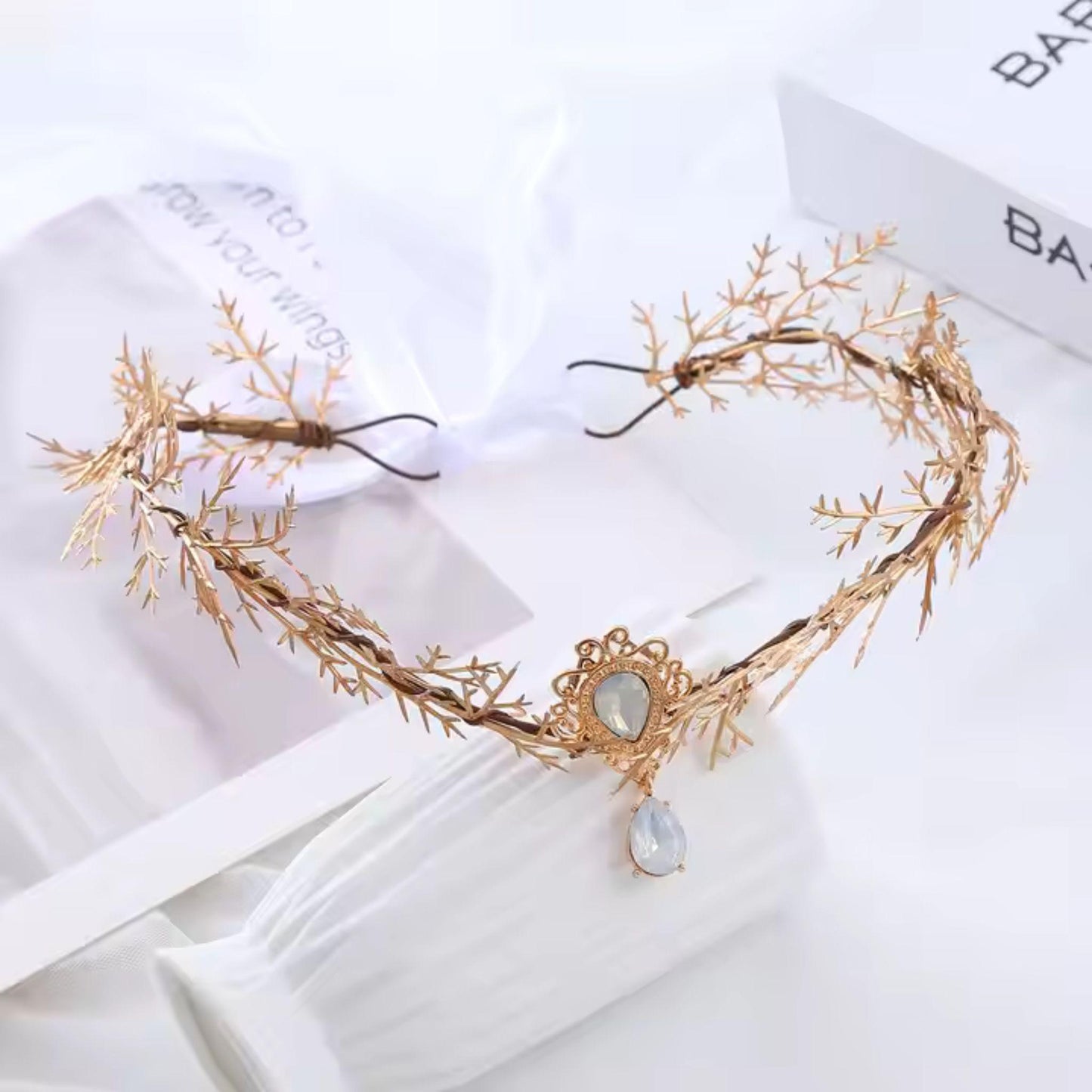 Gold Leaf Bridal Headpiece with Pendant