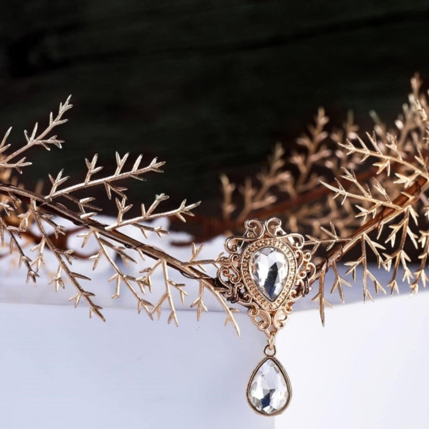 Gold Leaf Bridal Headpiece with Pendant