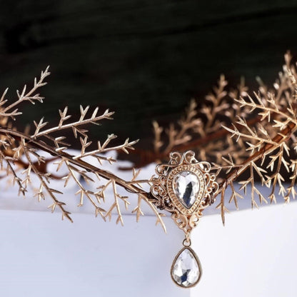 Gold Leaf Bridal Headpiece with Pendant