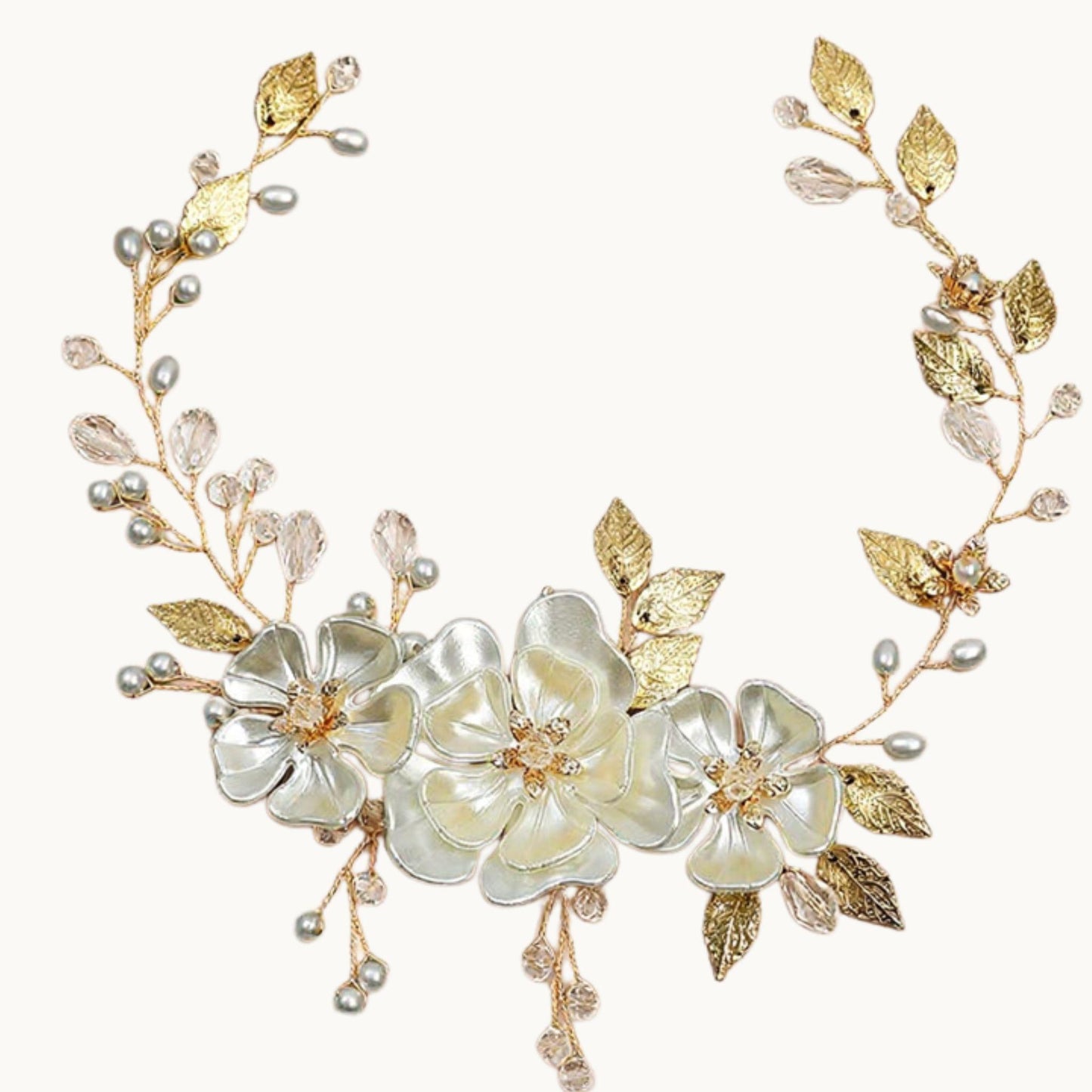 Gold Leaf Ivory Blossom Bridal Hair Vine