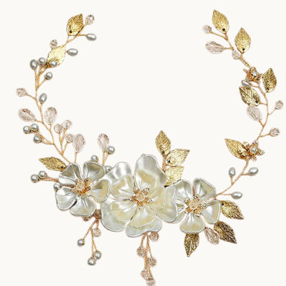 Gold Leaf Ivory Blossom Bridal Hair Vine