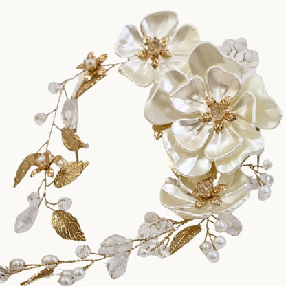 Gold Leaf Ivory Blossom Bridal Hair Vine