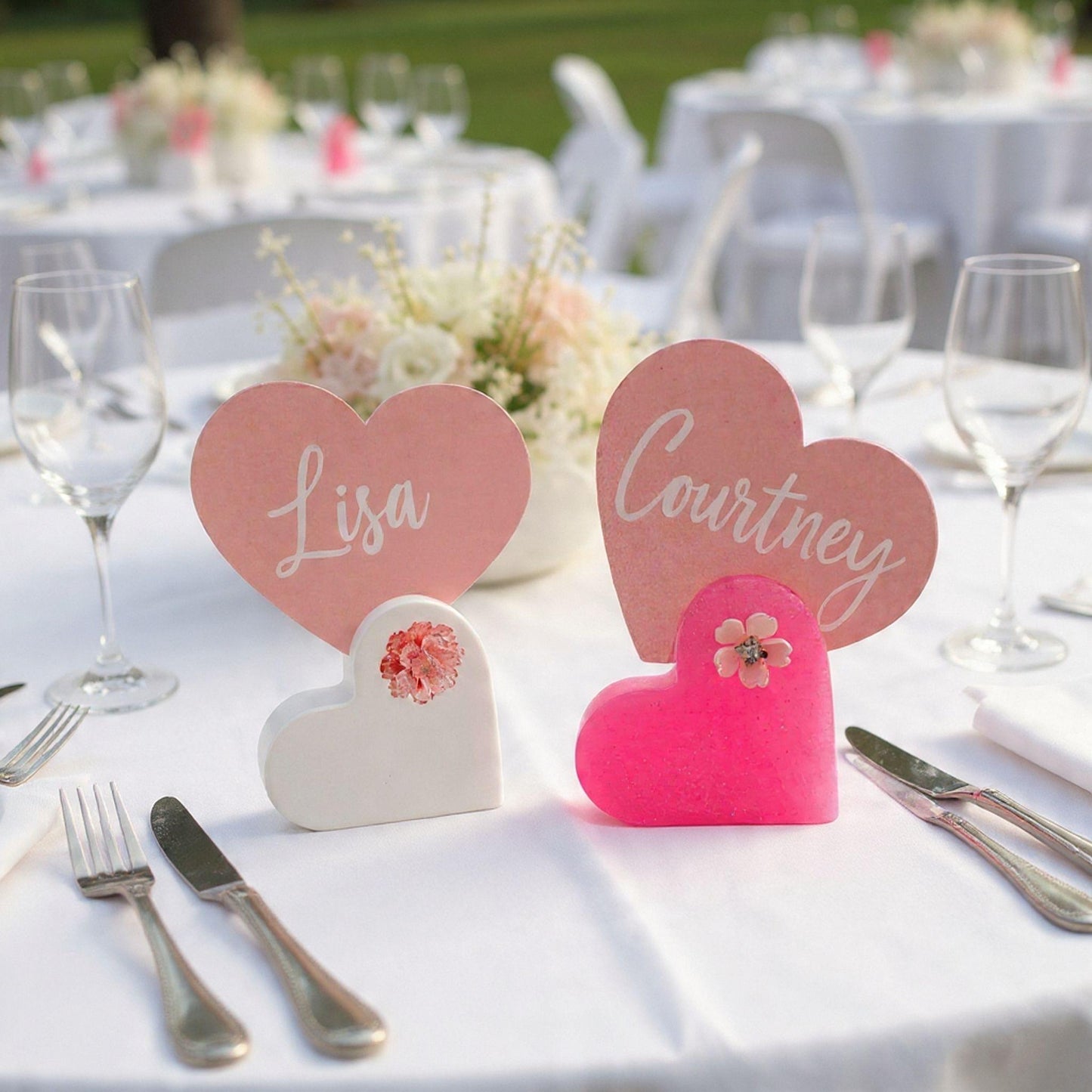 Heart Name Place Cards – Personalised Resin Wedding Table Settings
