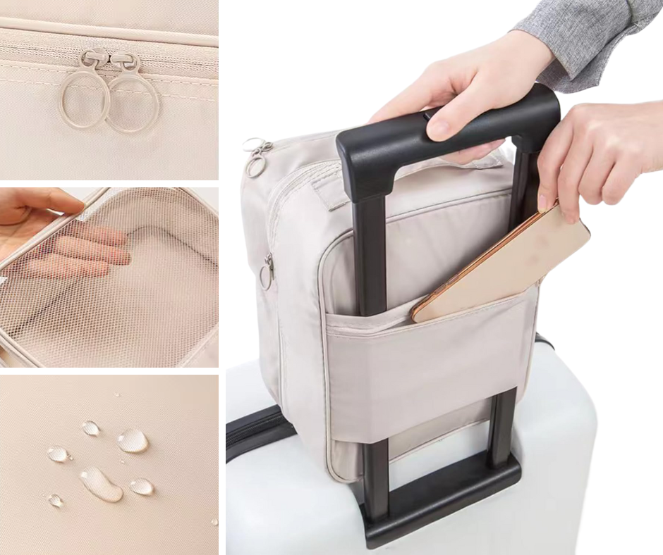 Collage of a travel bag close up components including compartment for small items, a close-up of the mesh pocket, and zippers