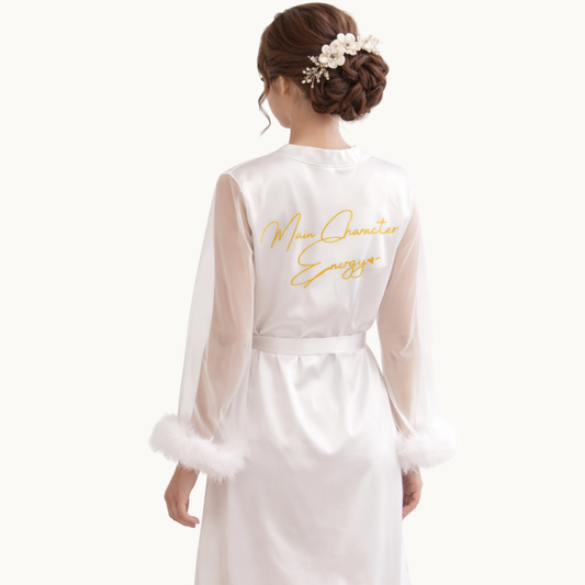 Main Character Energy: Feather Sleeve Bridal Robe with Statement Back Print