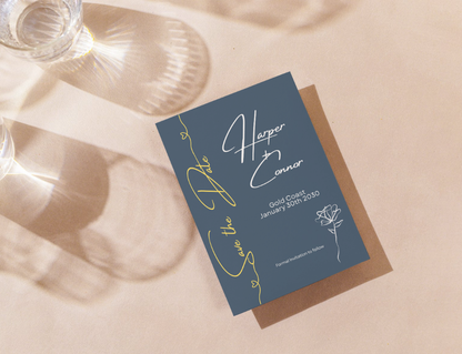 Blue save the date card with gold text customise 