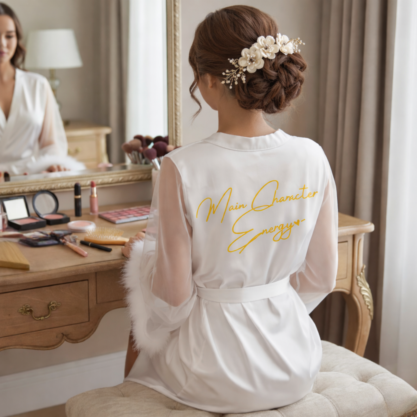 Main Character Energy: Feather Sleeve Bridal Robe with Statement Back Print